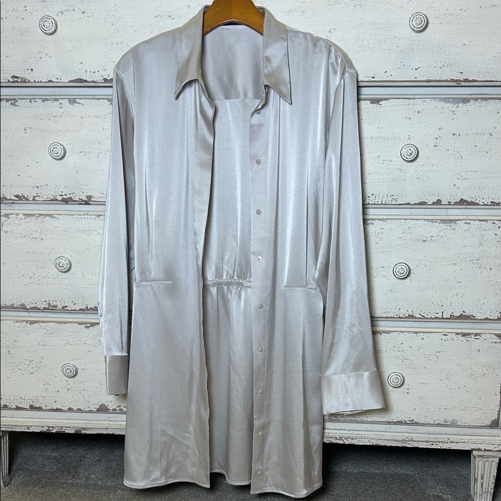 Babaton TEN Silver Satin Shirt Dress Button Front Long Sleeve Minimalist